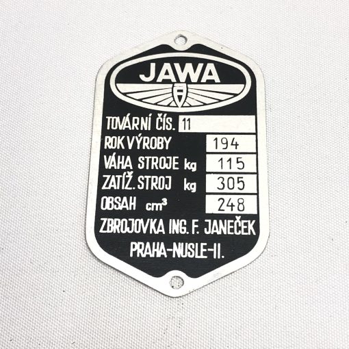 614-11FJ-480g Typenschild JAWA 250 Typ 11 Perak 40er Jahre 1. Serie (geprägt/mit Struktur)